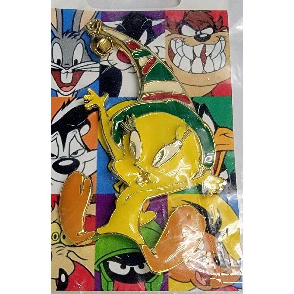 VTG Tweety Bird Enamel Brooch Pin Elf Hat Christmas Looney Tunes